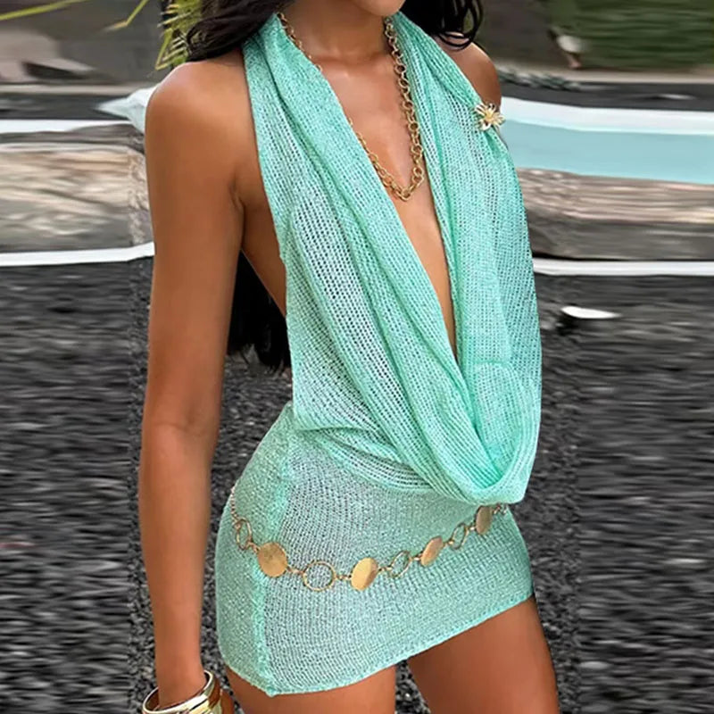 Glitrende Halterneck Kjole – Mini Strandkjole med Pailletter - Carolaz