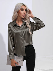 Elegant Satinbluse med V-udskæring og Lange ærmer | Dame Business look - Luzmey