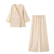 Forårs Linned Damesæt [ Kimono top + Brede Bukser ] - Marlani
