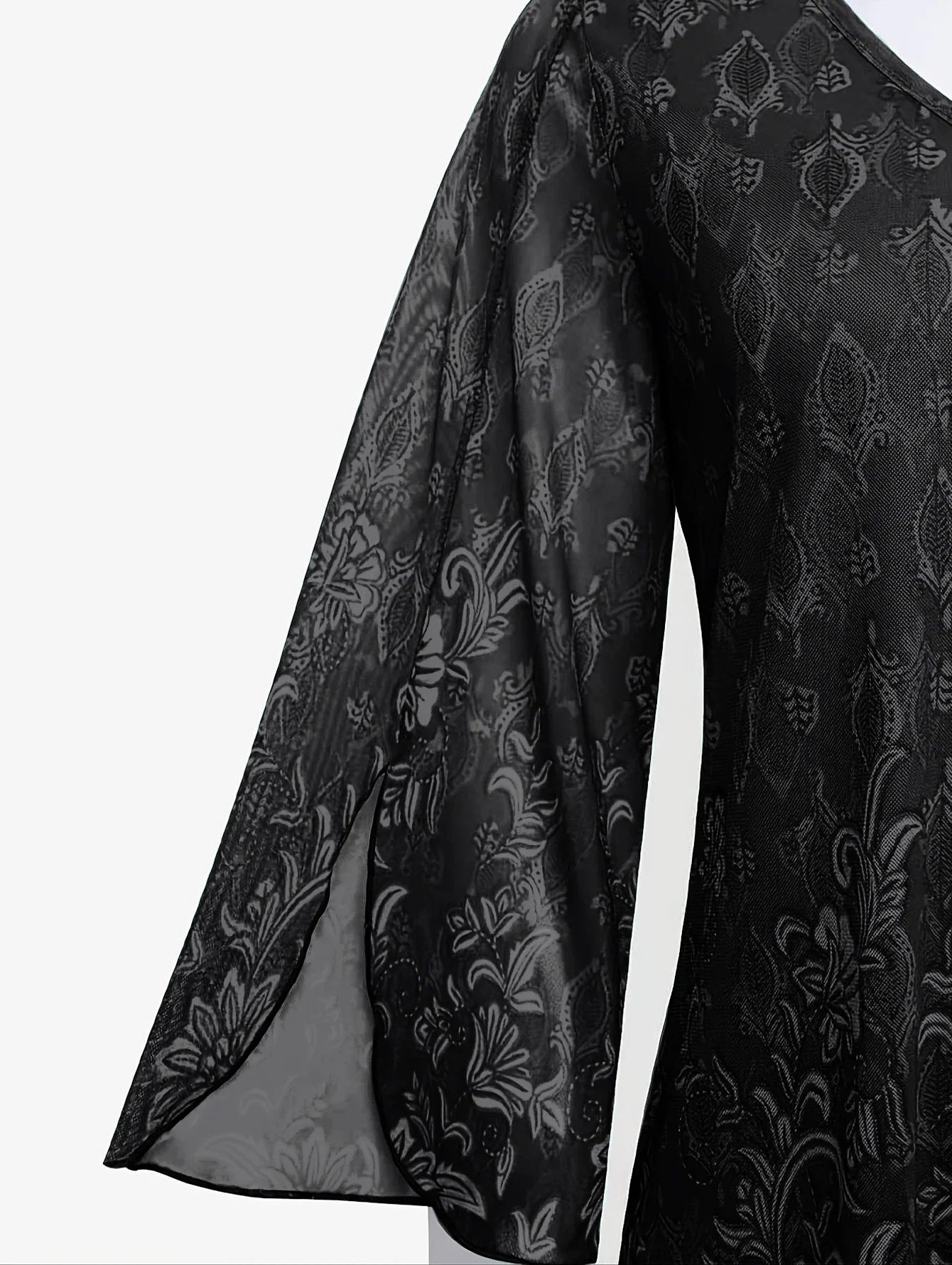 Blomstret Jacquard bluse med V-hals og gennemsigtige split-klokkeærmer - Ivona