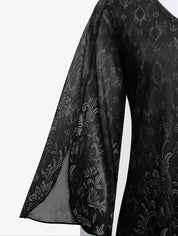 Blomstret Jacquard bluse med V-hals og gennemsigtige split-klokkeærmer - Ivona