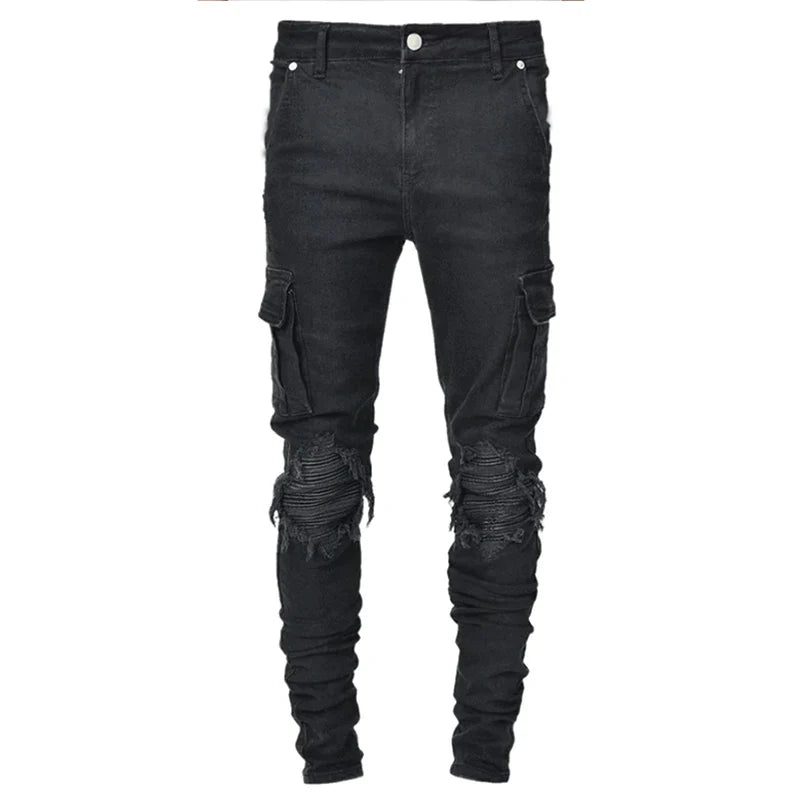 Herre Vaskede Denim Cargo Jeans med Flere Lommer - Seabo