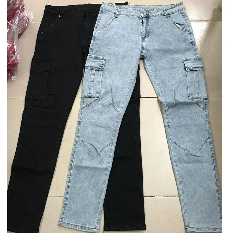 Herre Vaskede Denim Cargo Jeans med Flere Lommer - Seabo