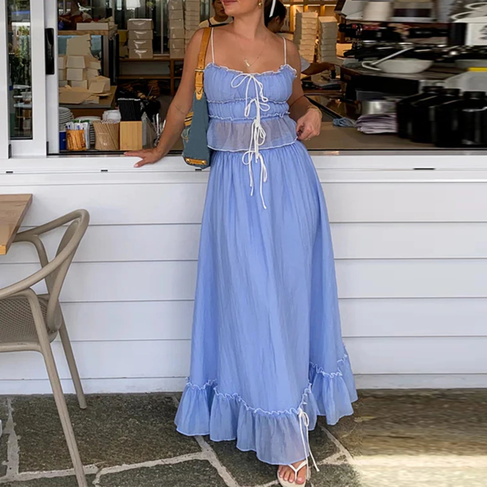 Ruched Flæse Maxi Nederdel Matchende Sæt Beachwear - Reini