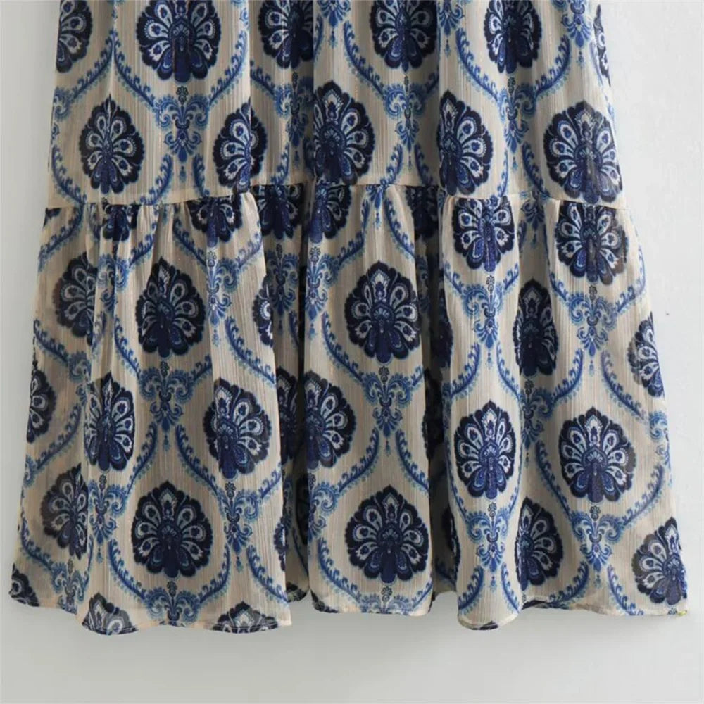 Sommer print Langærmet Satin Kjole - Melya