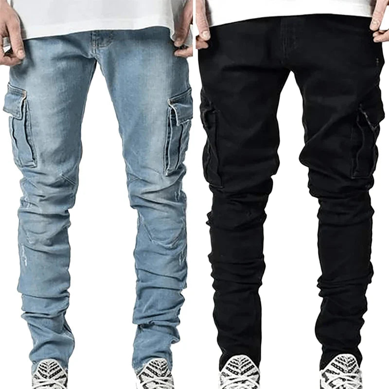 Herre Vaskede Denim Cargo Jeans med Flere Lommer - Seabo