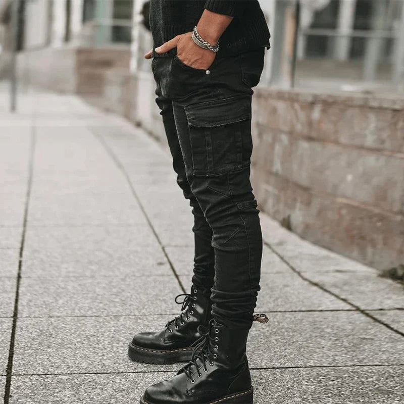 Herre Vaskede Denim Cargo Jeans med Flere Lommer - Seabo