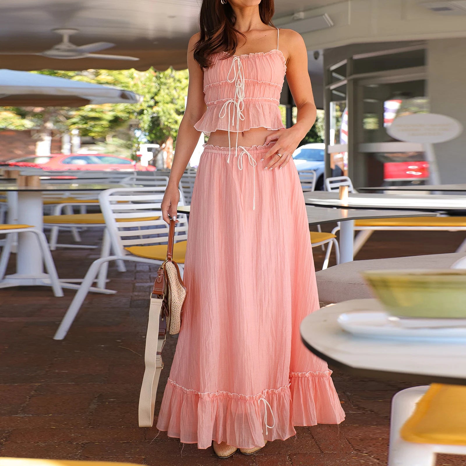 Ruched Flæse Maxi Nederdel Matchende Sæt Beachwear - Reini