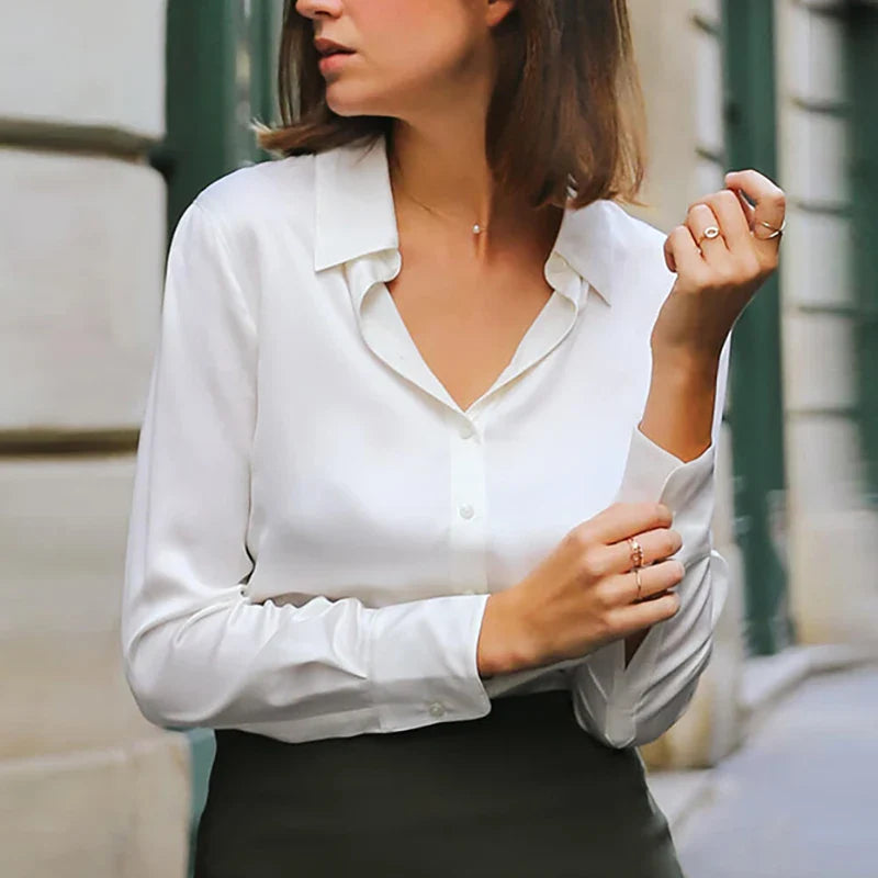 Elegant Silke Satin Bluse til Kvinder l Business & Aftentøj - Lanaez