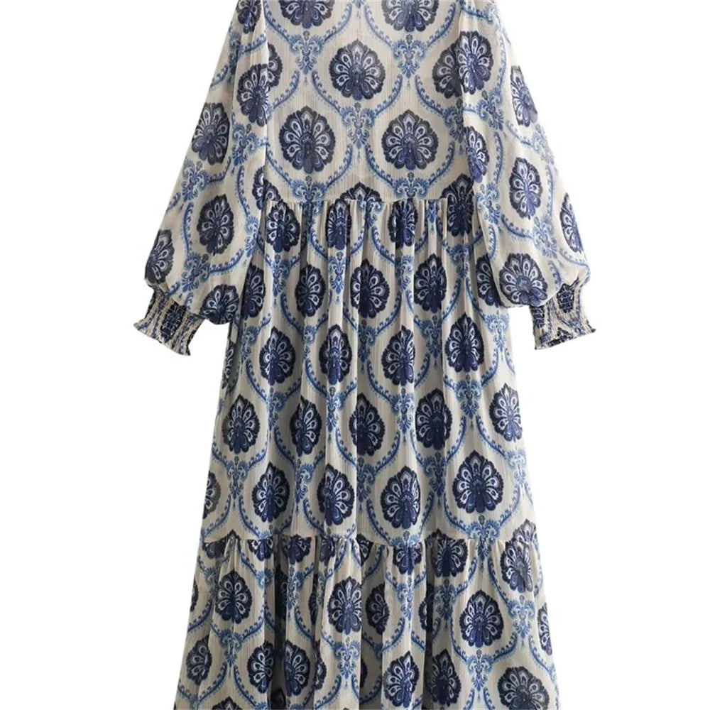 Sommer print Langærmet Satin Kjole - Melya