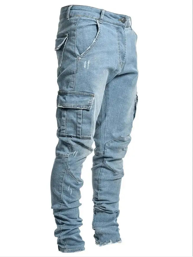 Herre Vaskede Denim Cargo Jeans med Flere Lommer - Seabo