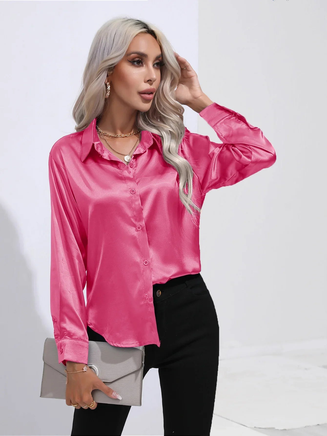 Elegant Satinbluse med V-udskæring og Lange ærmer | Dame Business look - Luzmey