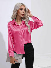 Elegant Satinbluse med V-udskæring og Lange ærmer | Dame Business look - Luzmey