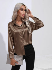 Elegant Satinbluse med V-udskæring og Lange ærmer | Dame Business look - Luzmey