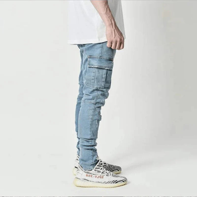 Herre Vaskede Denim Cargo Jeans med Flere Lommer - Seabo