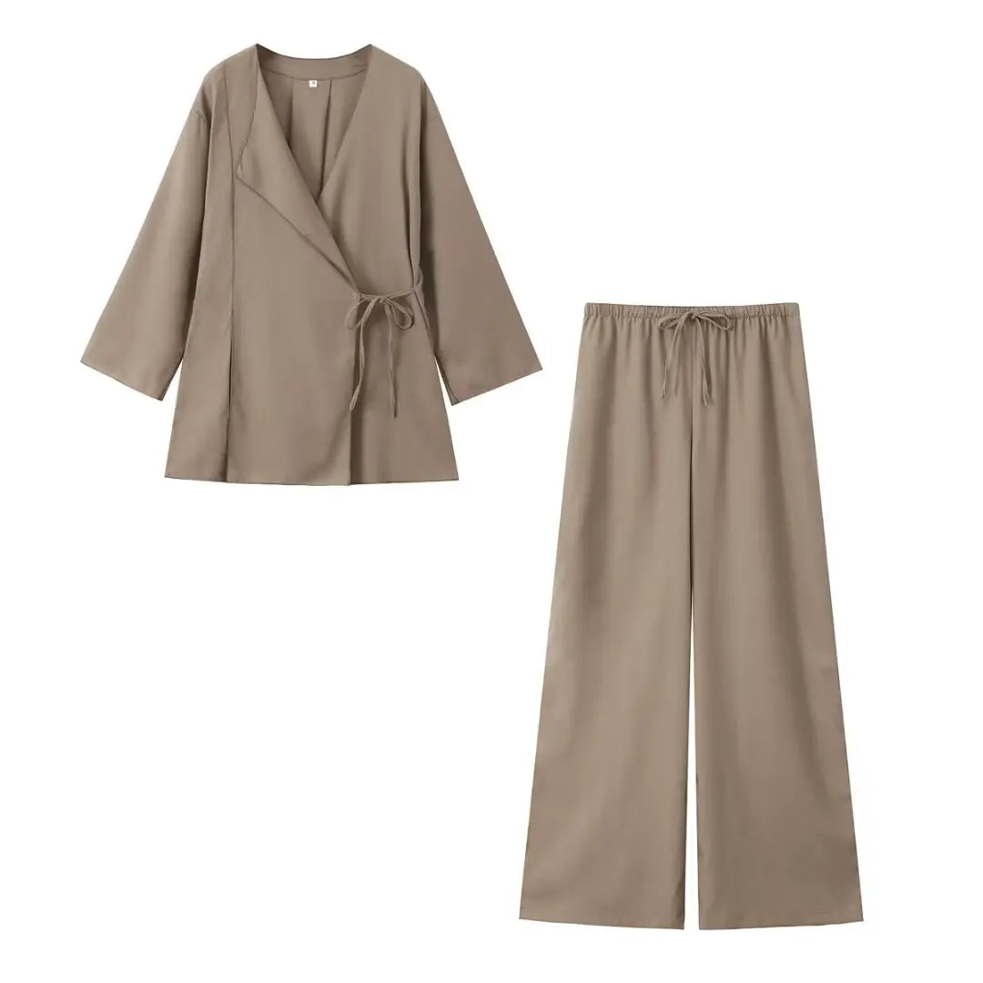 Forårs Linned Damesæt [ Kimono top + Brede Bukser ] - Marlani
