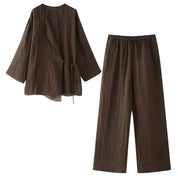 Forårs Linned Damesæt [ Kimono top + Brede Bukser ] - Marlani