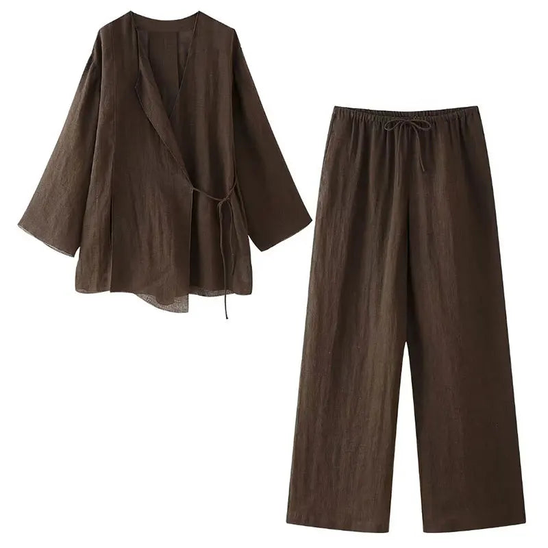 Forårs Linned Damesæt [ Kimono top + Brede Bukser ] - Marlani