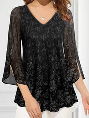 Blomstret Jacquard bluse med V-hals og gennemsigtige split-klokkeærmer - Ivona
