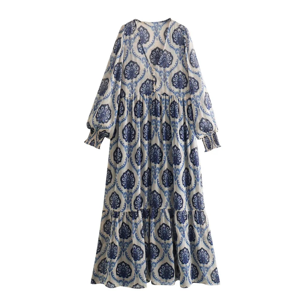 Sommer print Langærmet Satin Kjole - Melya