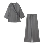 Forårs Linned Damesæt [ Kimono top + Brede Bukser ] - Marlani