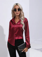Elegant Satinbluse med V-udskæring og Lange ærmer | Dame Business look - Luzmey