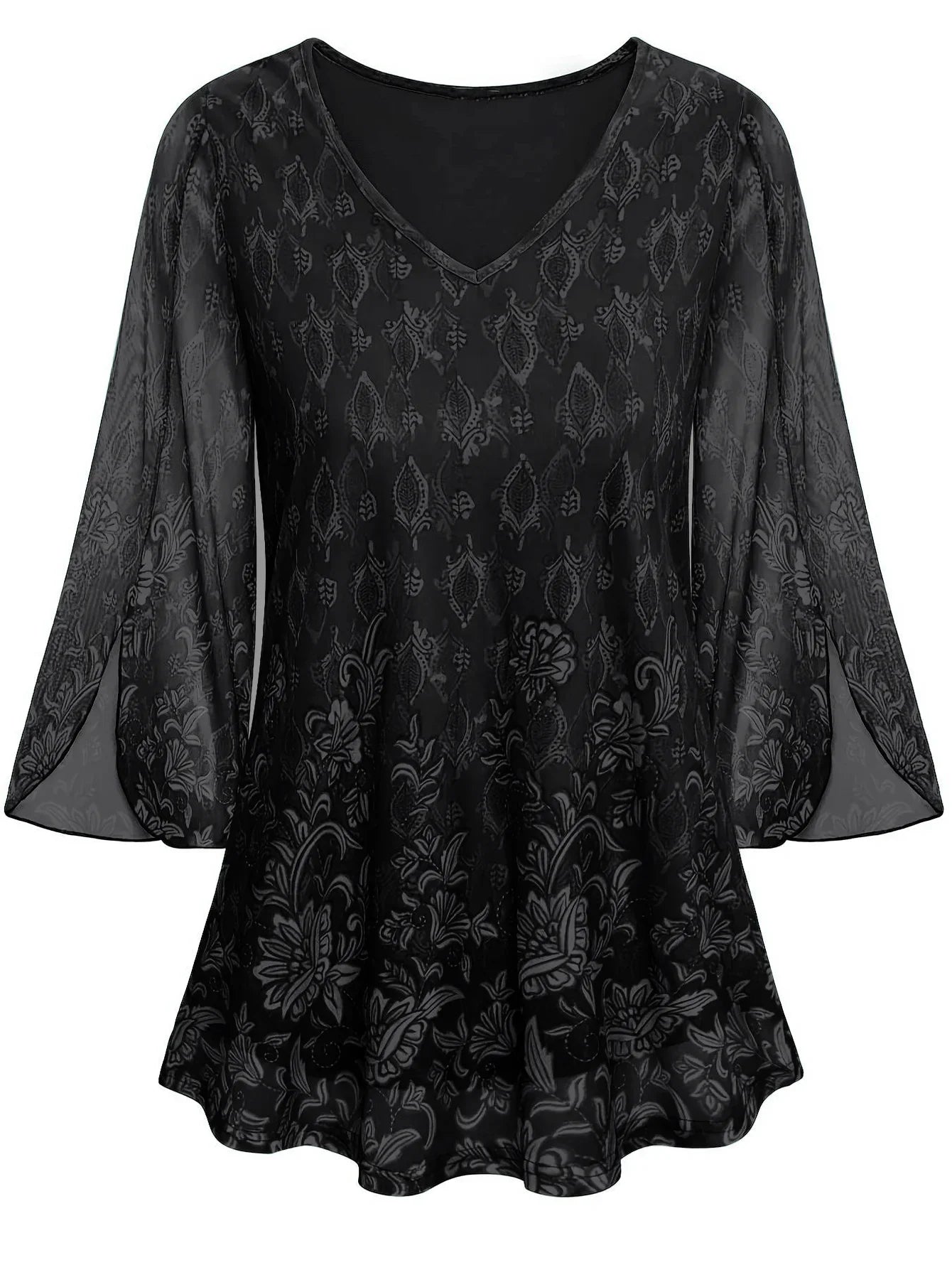 Blomstret Jacquard bluse med V-hals og gennemsigtige split-klokkeærmer - Ivona