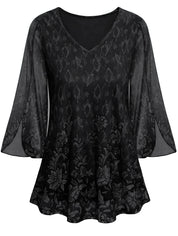 Blomstret Jacquard bluse med V-hals og gennemsigtige split-klokkeærmer - Ivona