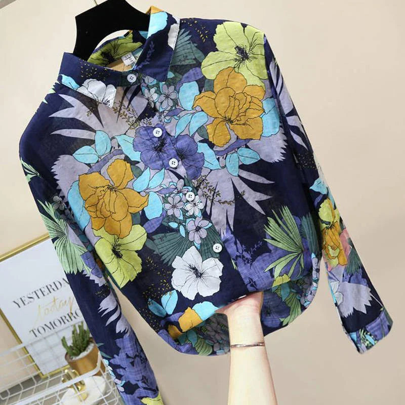Blomstret Bluse i Bomuldshør med Knapper - Kerina
