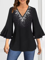 Blomstret Jacquard bluse med V-hals og gennemsigtige split-klokkeærmer - Ivona
