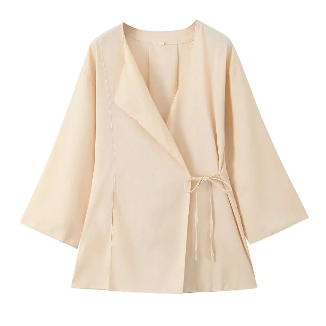 Forårs Linned Damesæt [ Kimono top + Brede Bukser ] - Marlani