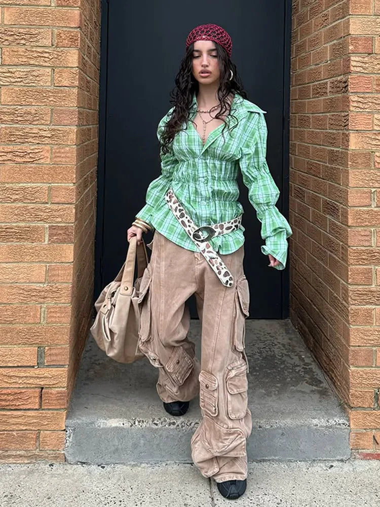Plaid Enkeltradet Bluse i Retrostil med Pufærmer | Forårs Kollektion - Gegiana