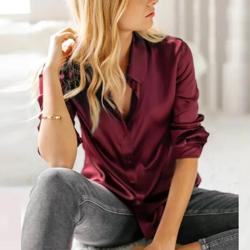Elegant Silke Satin Bluse til Kvinder l Business & Aftentøj - Lanaez