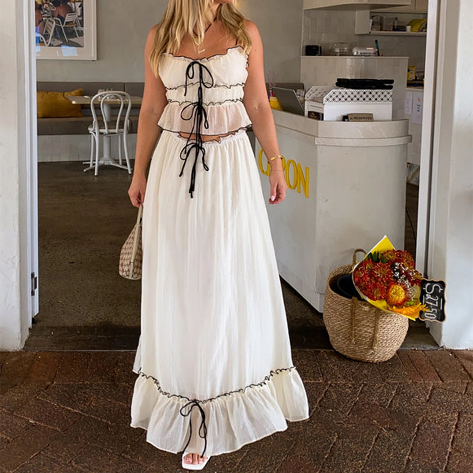Ruched Flæse Maxi Nederdel Matchende Sæt Beachwear - Reini