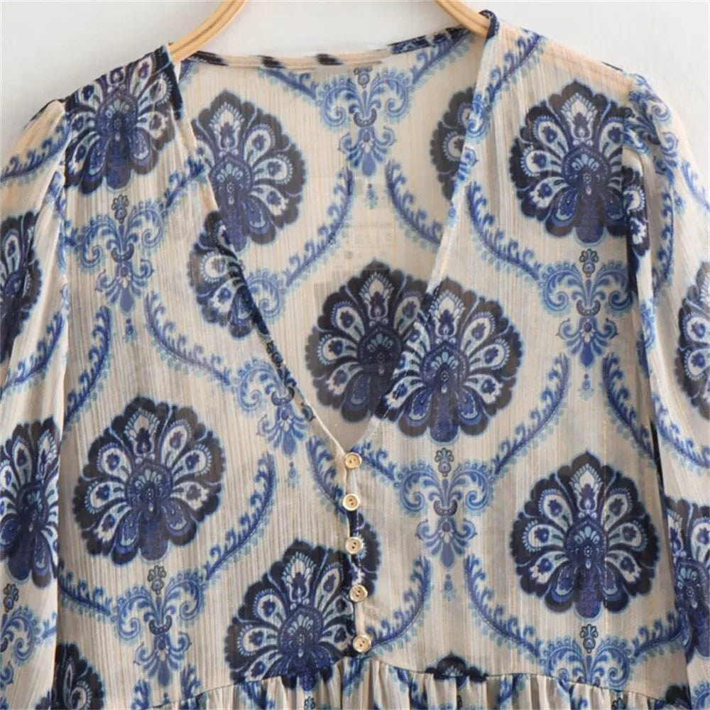 Sommer print Langærmet Satin Kjole - Melya