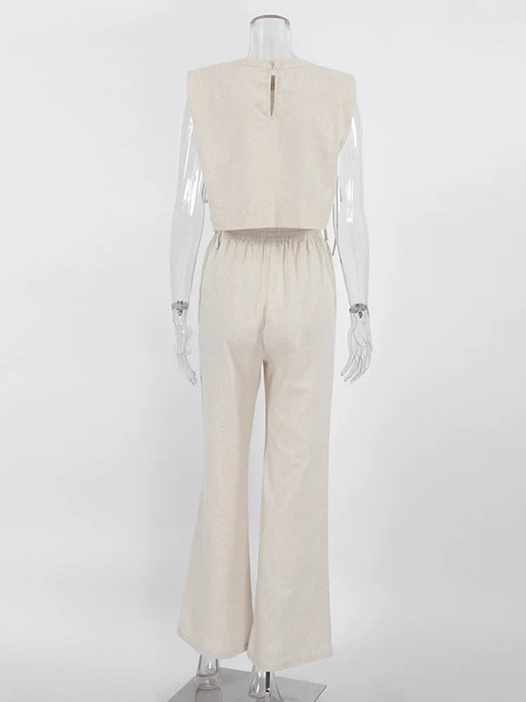Todelt Sæt af Linned til Kvinder - Crop Top og Matchende Bukser - Indena