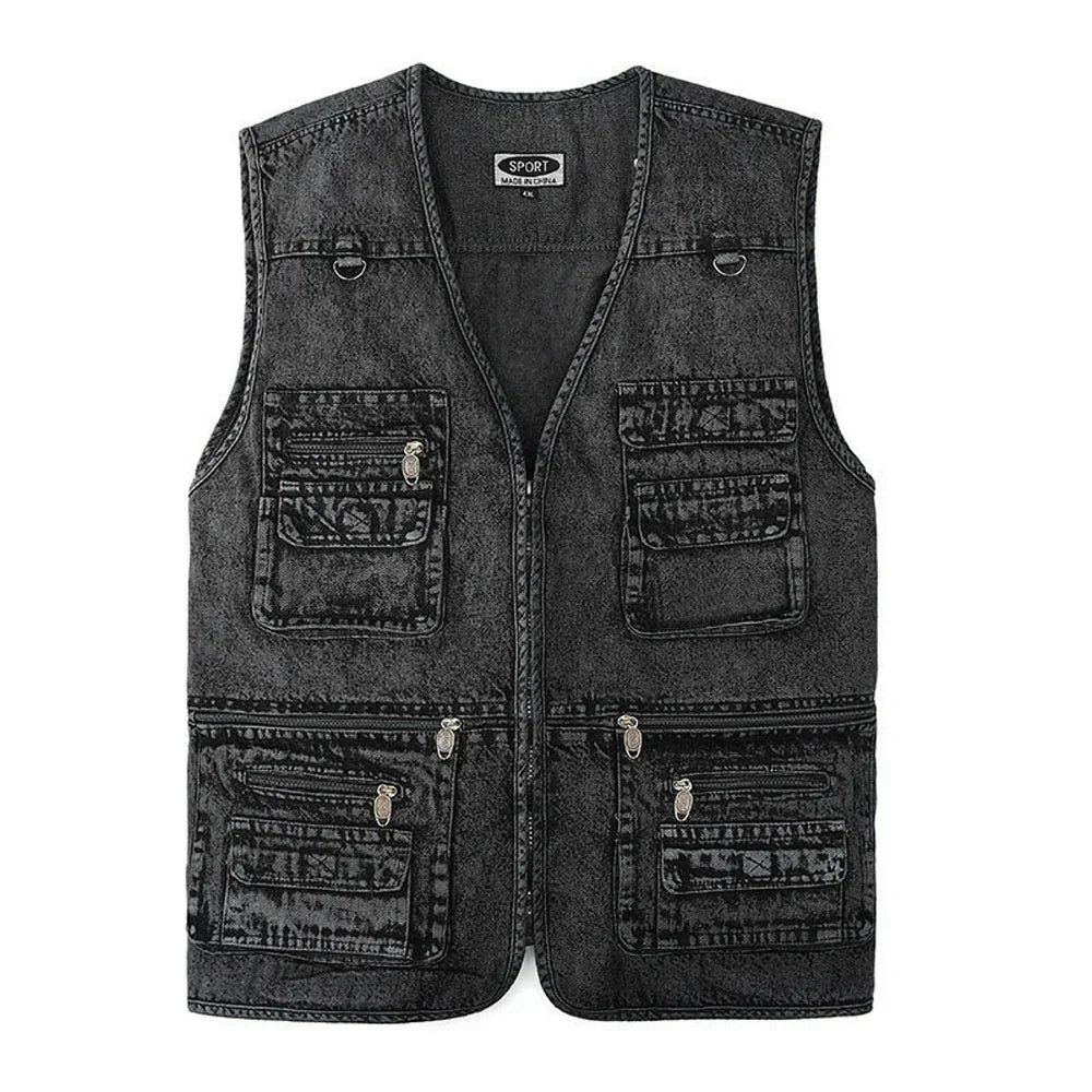 Ærmeløs denimvest med flere lommer til mænd - Kellez