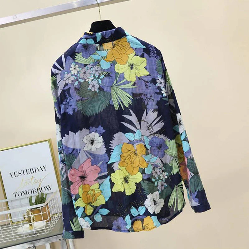 Blomstret Bluse i Bomuldshør med Knapper - Kerina