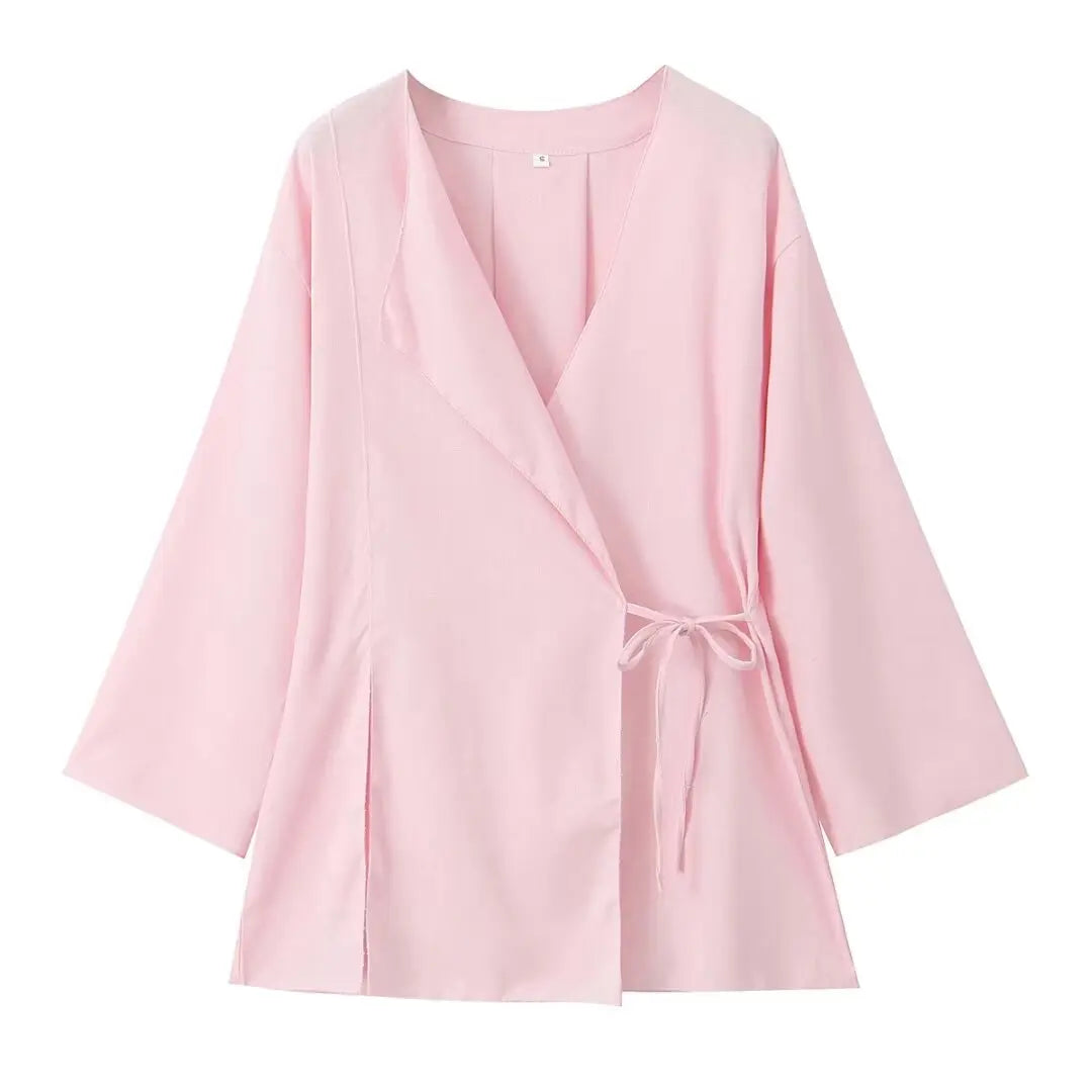 Forårs Linned Damesæt [ Kimono top + Brede Bukser ] - Marlani