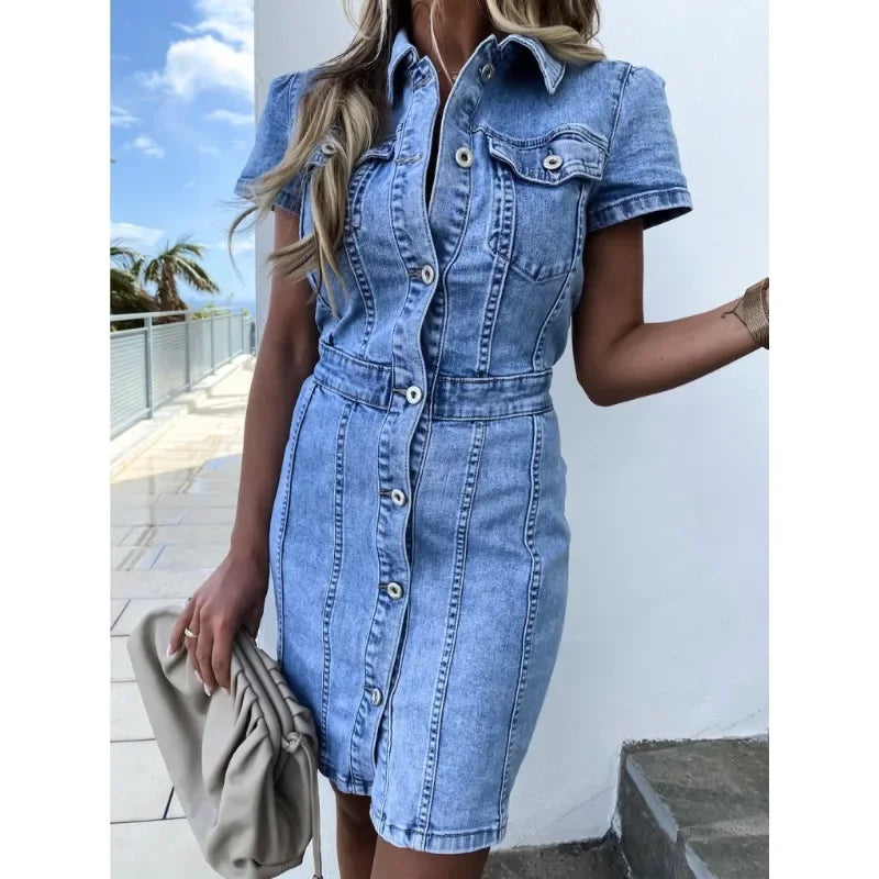 Y2K Retro Skræddersyet Knappen Nede Denim Midikjole til Kvinder - Cinamma