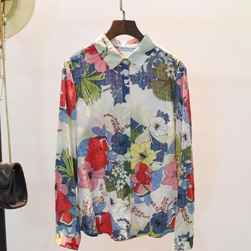 Blomstret Bluse i Bomuldshør med Knapper - Kerina