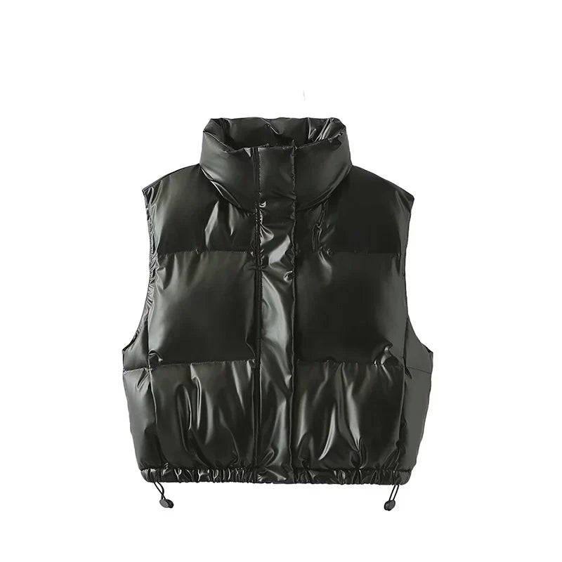 Cropped quiltet vest med høj krave i metallisk look til kvinder | Sylvienna