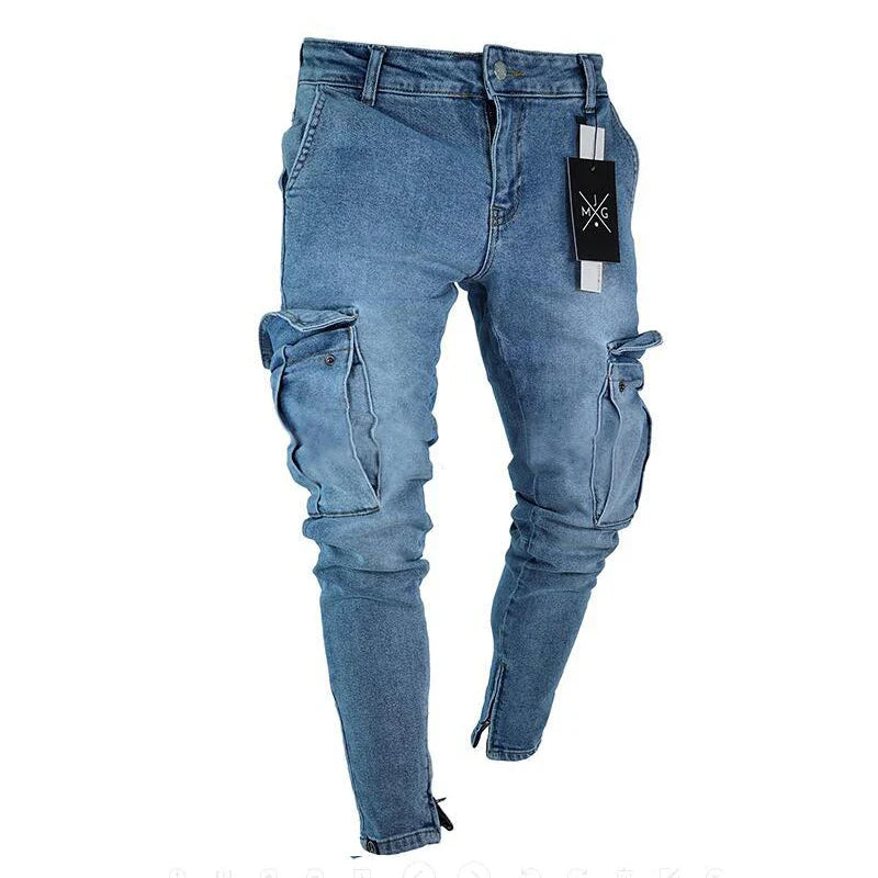 Herre Vaskede Denim Cargo Jeans med Flere Lommer - Seabo