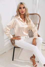 Elegant Satinbluse med V-udskæring og Lange ærmer | Dame Business look - Luzmey