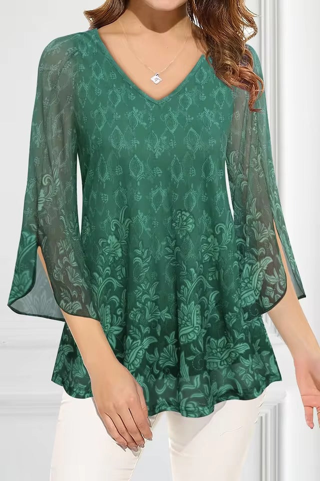 Blomstret Jacquard bluse med V-hals og gennemsigtige split-klokkeærmer - Ivona