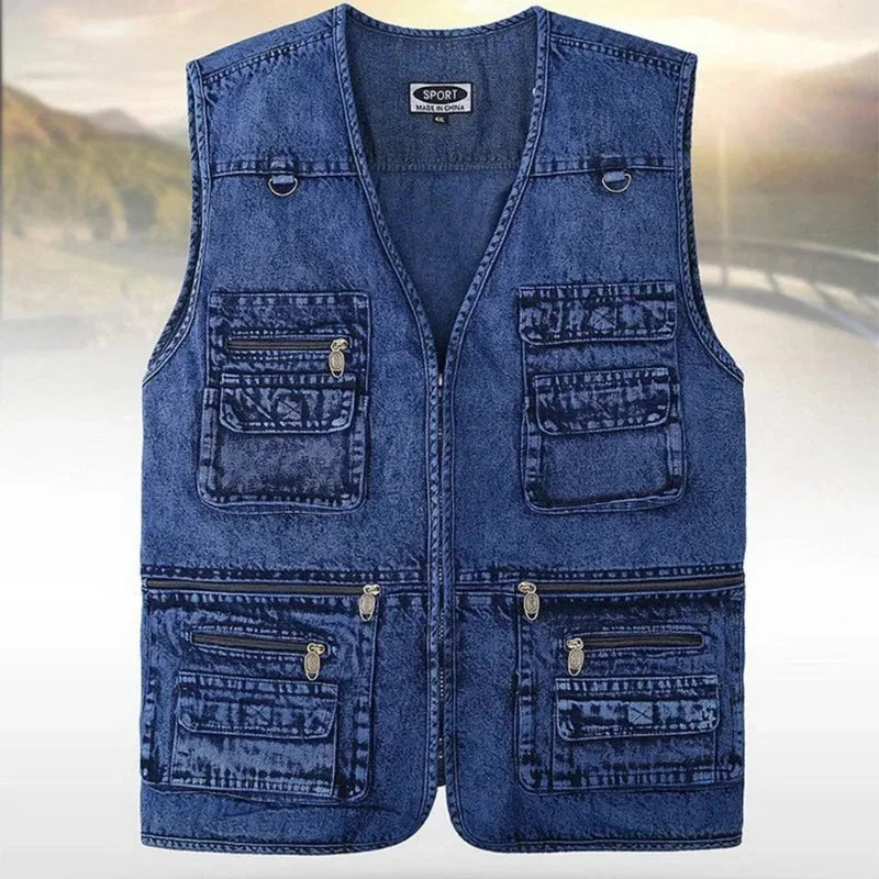 Ærmeløs denimvest med flere lommer til mænd - Kellez