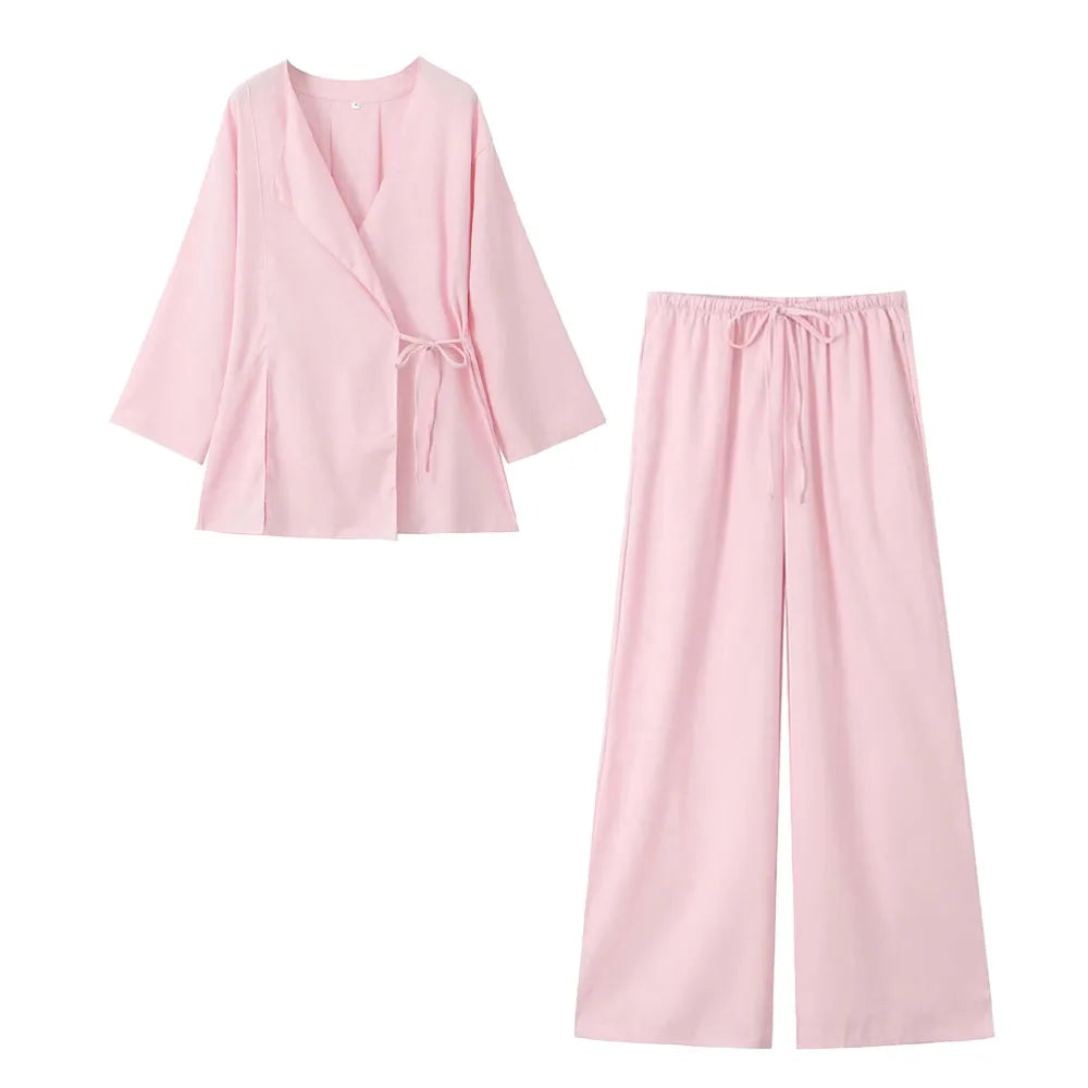 Forårs Linned Damesæt [ Kimono top + Brede Bukser ] - Marlani
