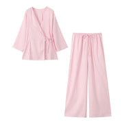 Forårs Linned Damesæt [ Kimono top + Brede Bukser ] - Marlani