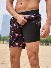 Kenan - Sorte Flamingo badeshorts