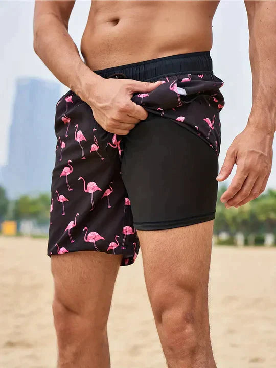 Kenan - Sorte Flamingo badeshorts
